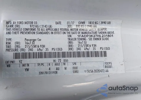 2017 Ford Focus Se z USA, uszkodzony, nr VIN 1FADP3K27HL231801